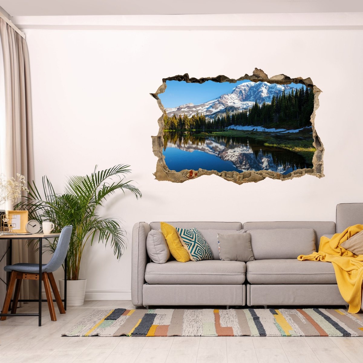 Sticker mural 3D forêt avec un lac sur un paysage de montagne - Wall Decal M0880