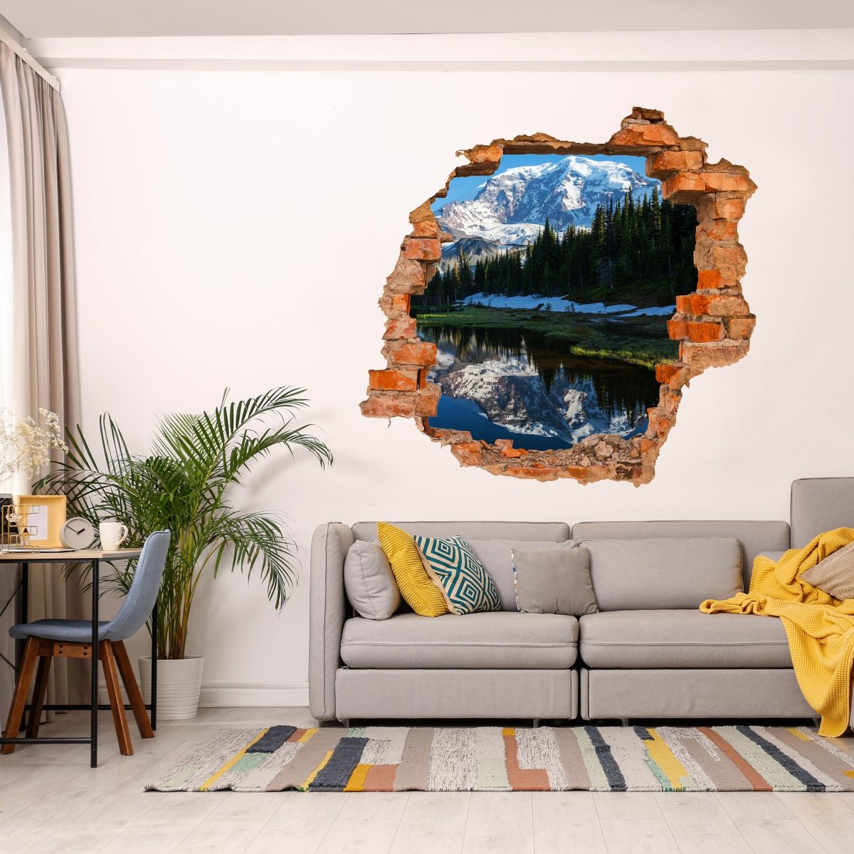 Sticker mural 3D forêt avec un lac sur un paysage de montagne - Wall Decal M0880