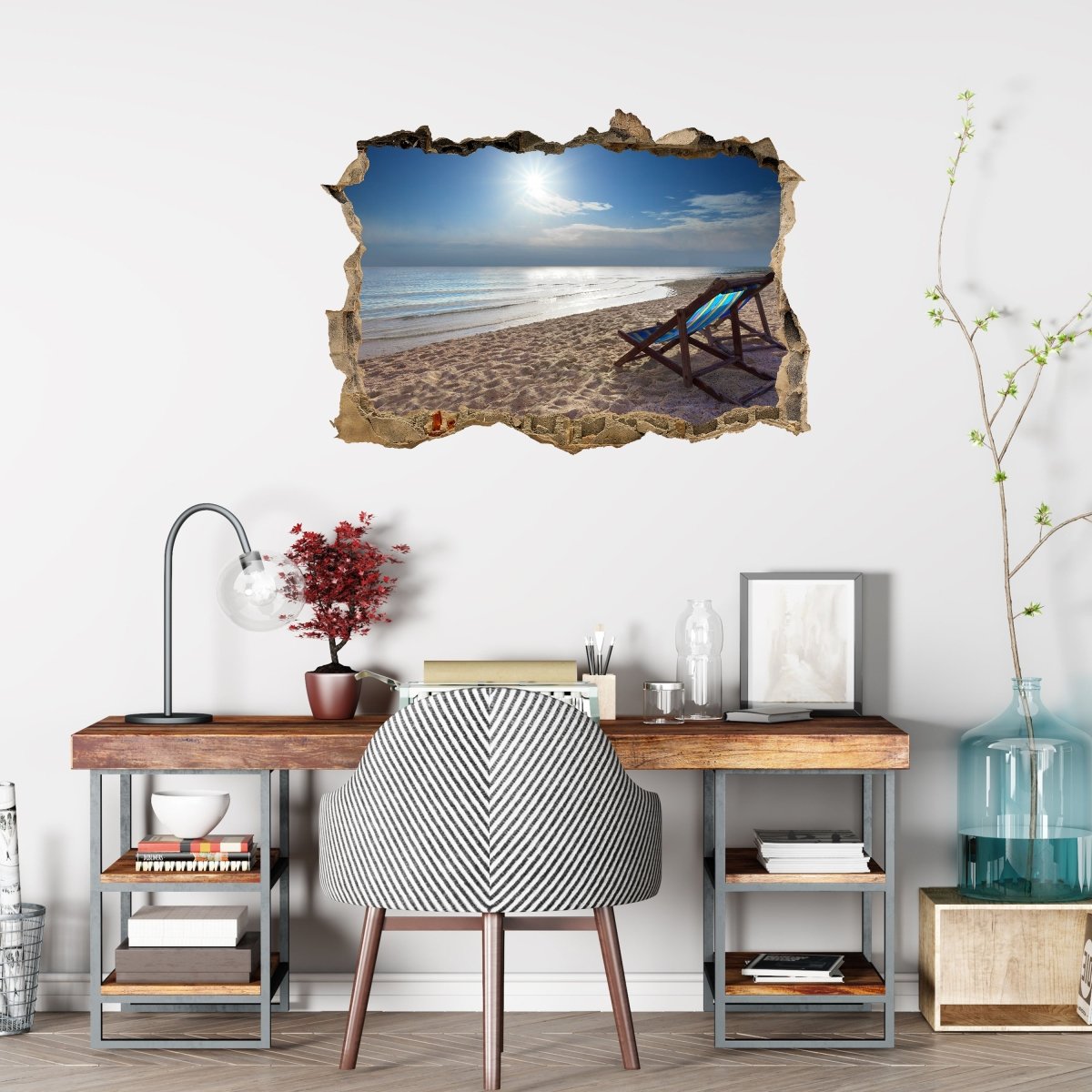 Wooden chairs on the beach 3D wall sticker - Wall Decal M0890