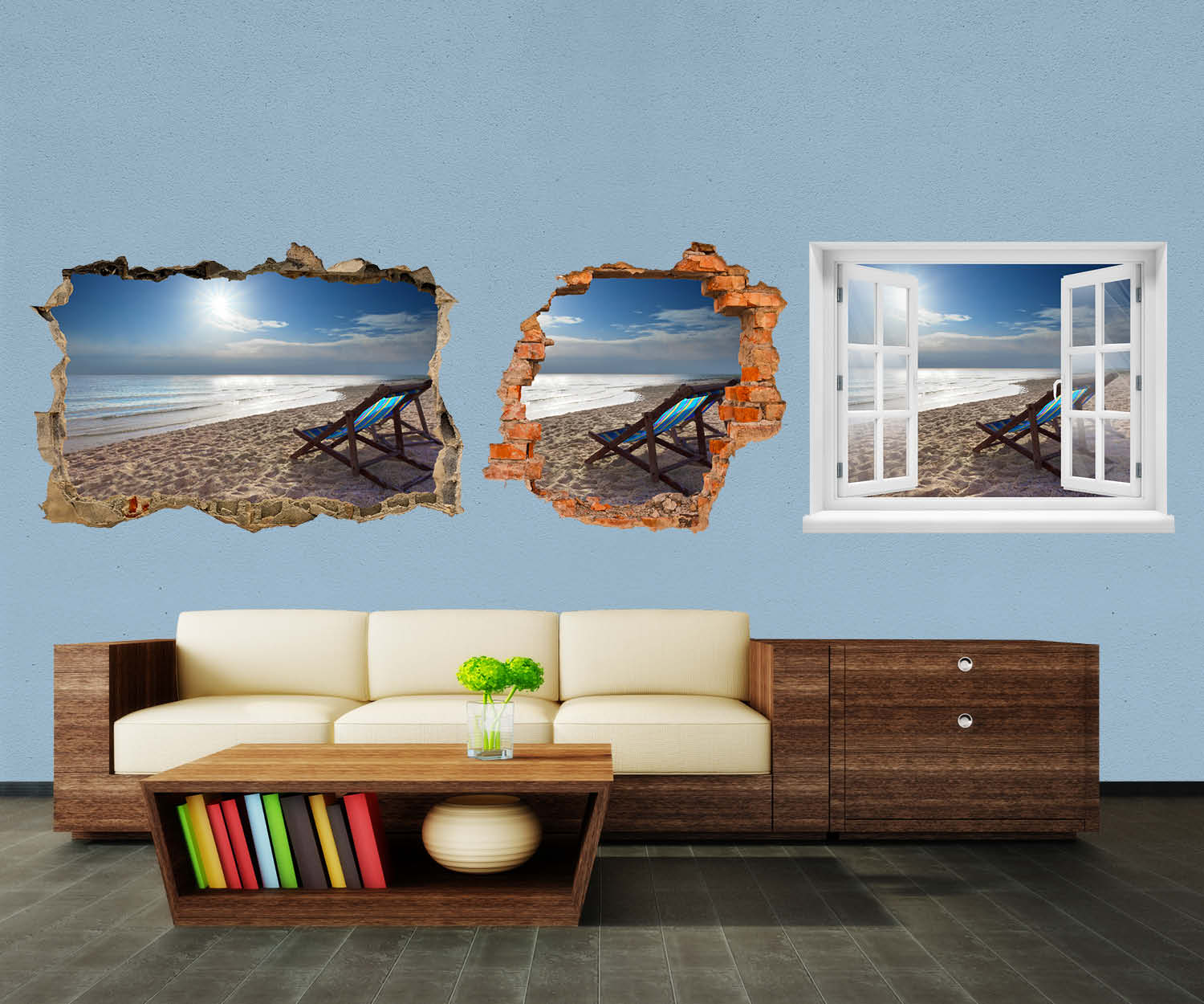 3D-Wandtattoo Holzstühle am Strand entdecken - Wandsticker M0890 - Bild 1