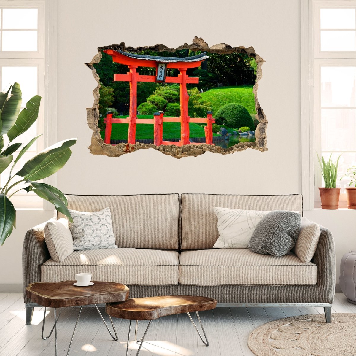 3D-Wandsticker Garten und Teich mit einem roten Zen-Turm - Wandtattoo M0950