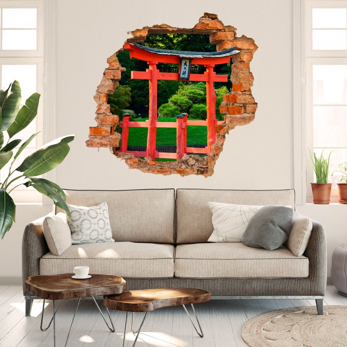 Sticker mural 3D jardin et bassin avec une tour zen rouge - Wall Decal M0950