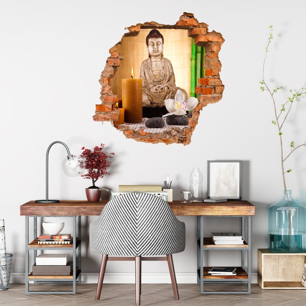 Autocollant mural 3D Bouddha avec bougie - Couleurs vives - Sticker mural M0970