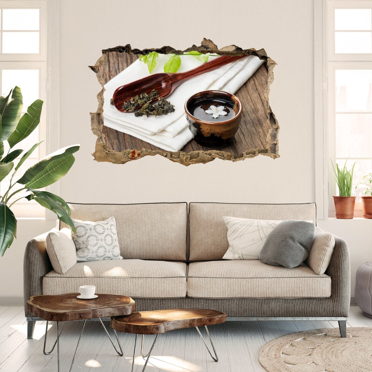 Sticker mural 3D Une tasse de thé sur une planche de bois - Wall Decal M0972