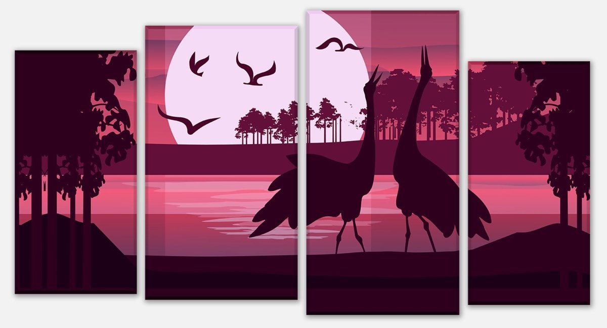 Stretched Canvas Print Romantic view with silhouettes of herons M0999