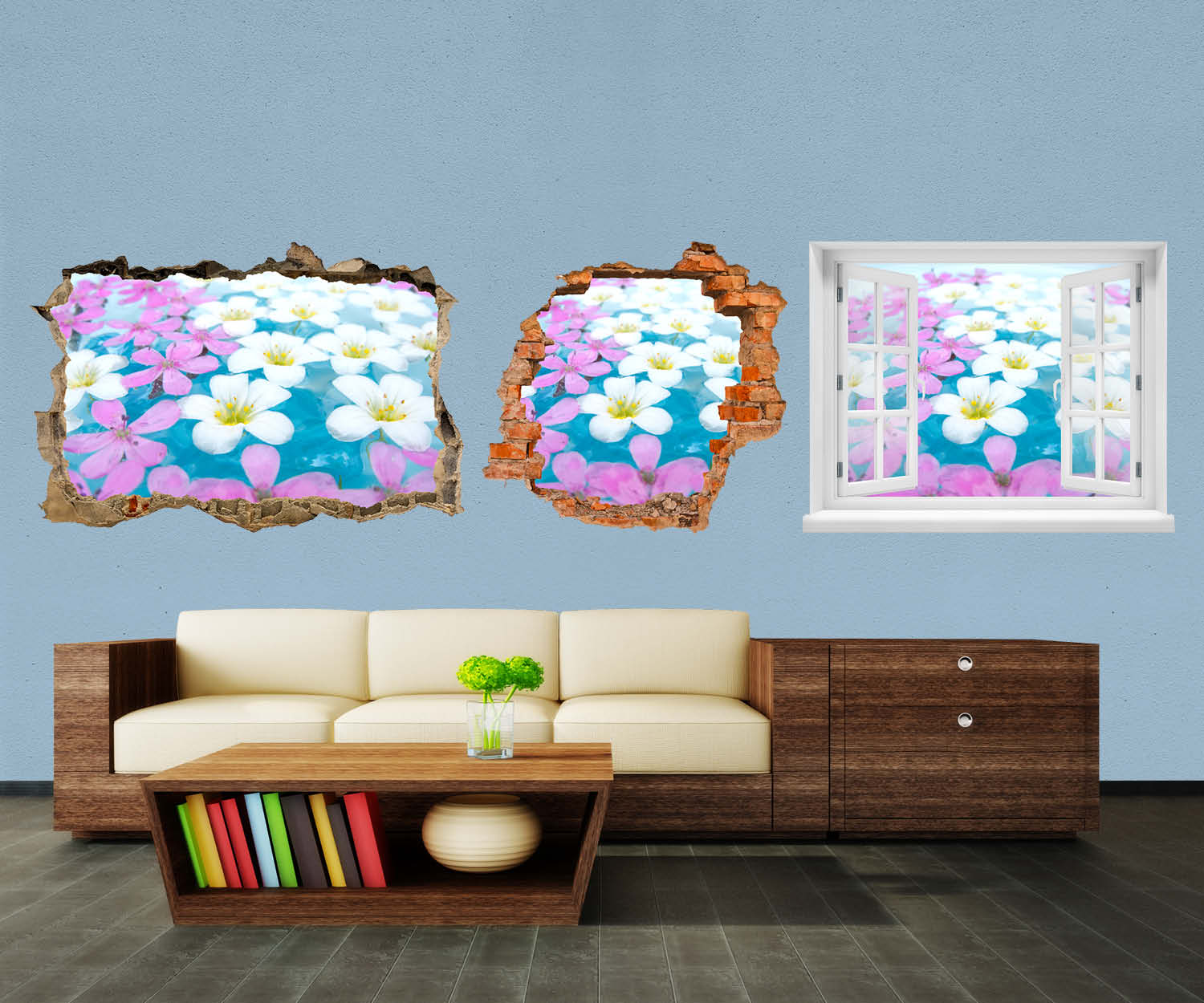 3D-Wandtattoo Weiße und rosa Blumen entdecken - Wandsticker M1001 - Bild 1