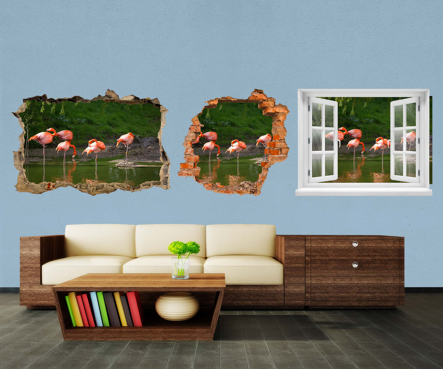 3D-Wandtattoo Flamingos in einem Pool entdecken - Wandsticker M1009 - Bild 1