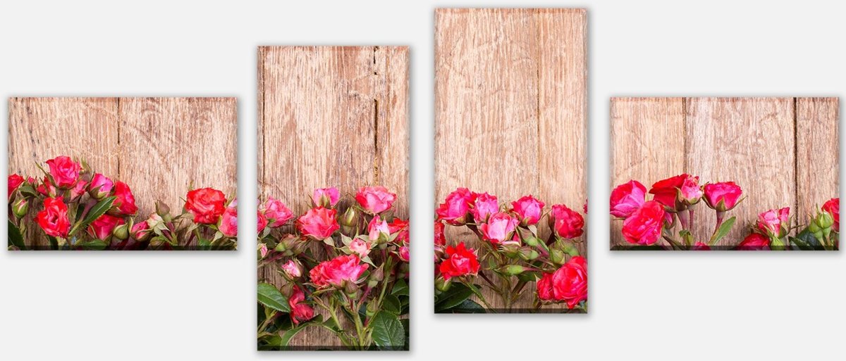 Leinwandbild Mehrteiler Rote Rosen auf Holzbrett M1025