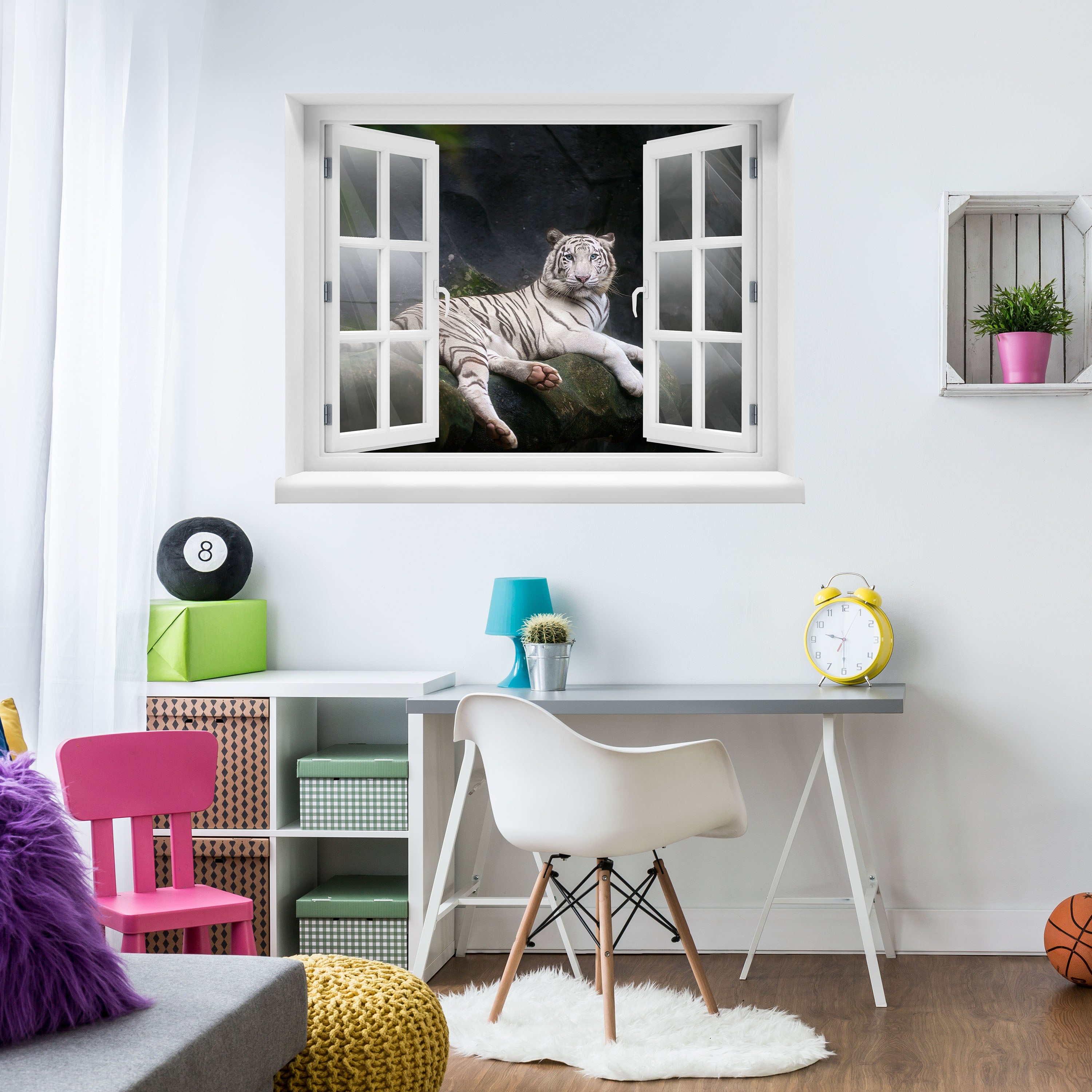 3D wall sticker white tiger sitting in the cave - wall decal M1027