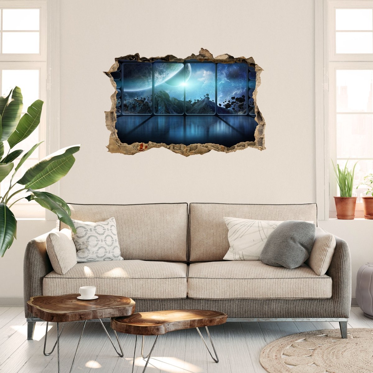 Sticker mural 3D vue station spatiale, astéroïde, univers - Wall Decal M1072