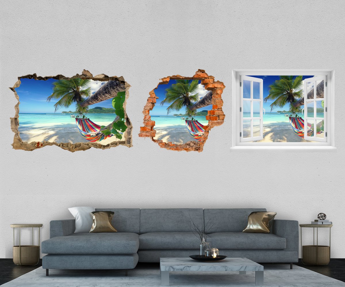 3D-Wandtattoo Hängematte im Paradies, Insel, Palme entdecken - Wandsticker M1079 - Bild 1