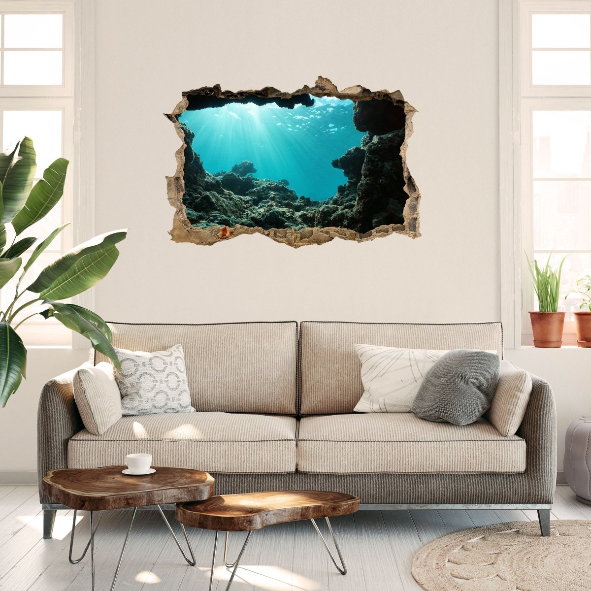 Sticker mural 3D image sous-marine de grotte, soleil, mer - sticker mural M1081