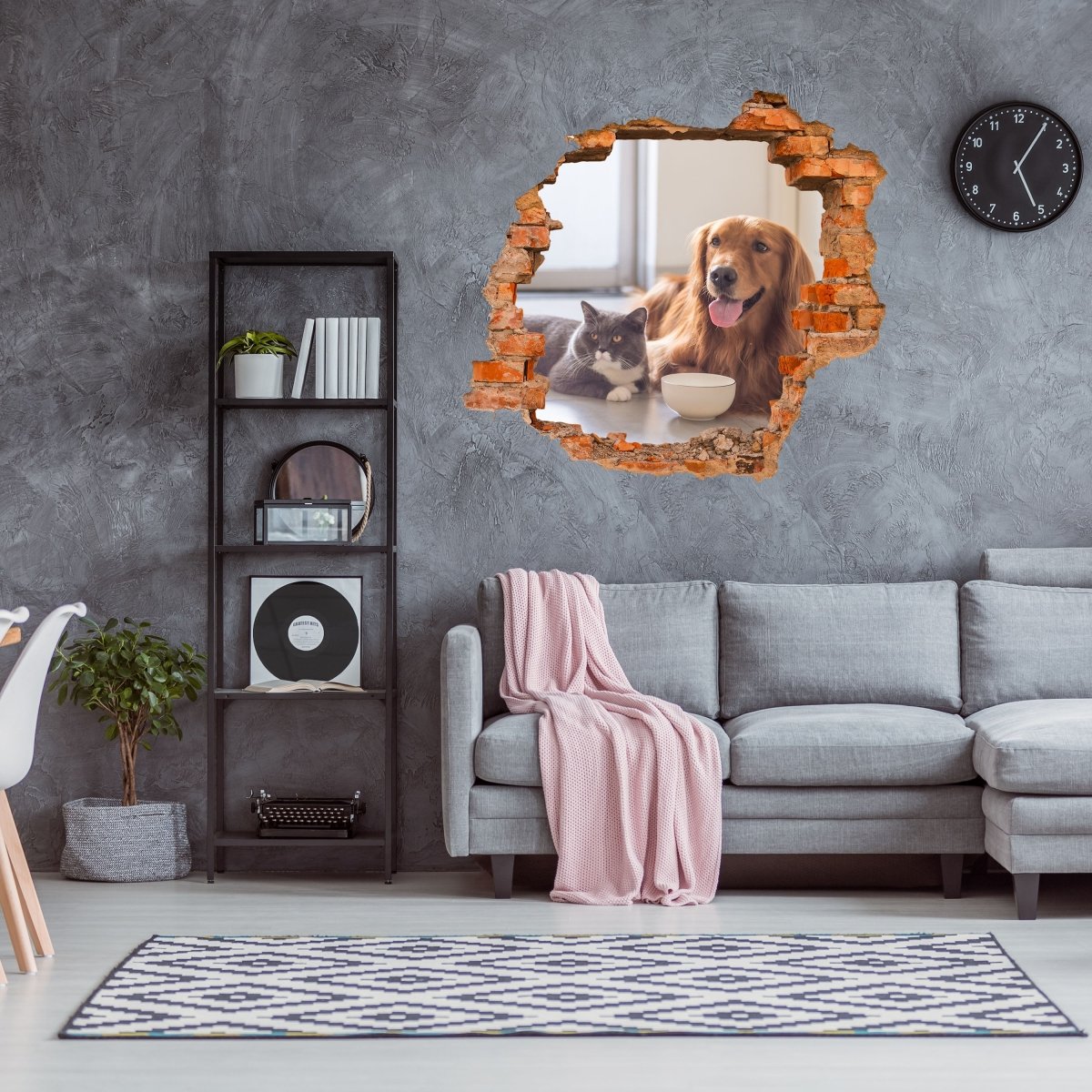 Sticker mural 3D amis des animaux, chien &amp; chat, maison - Sticker mural M1085