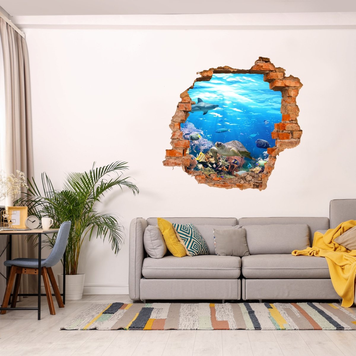 Sticker mural 3D récif corallien dans la mer, animaux, requin, nature - Wall Decal M1107