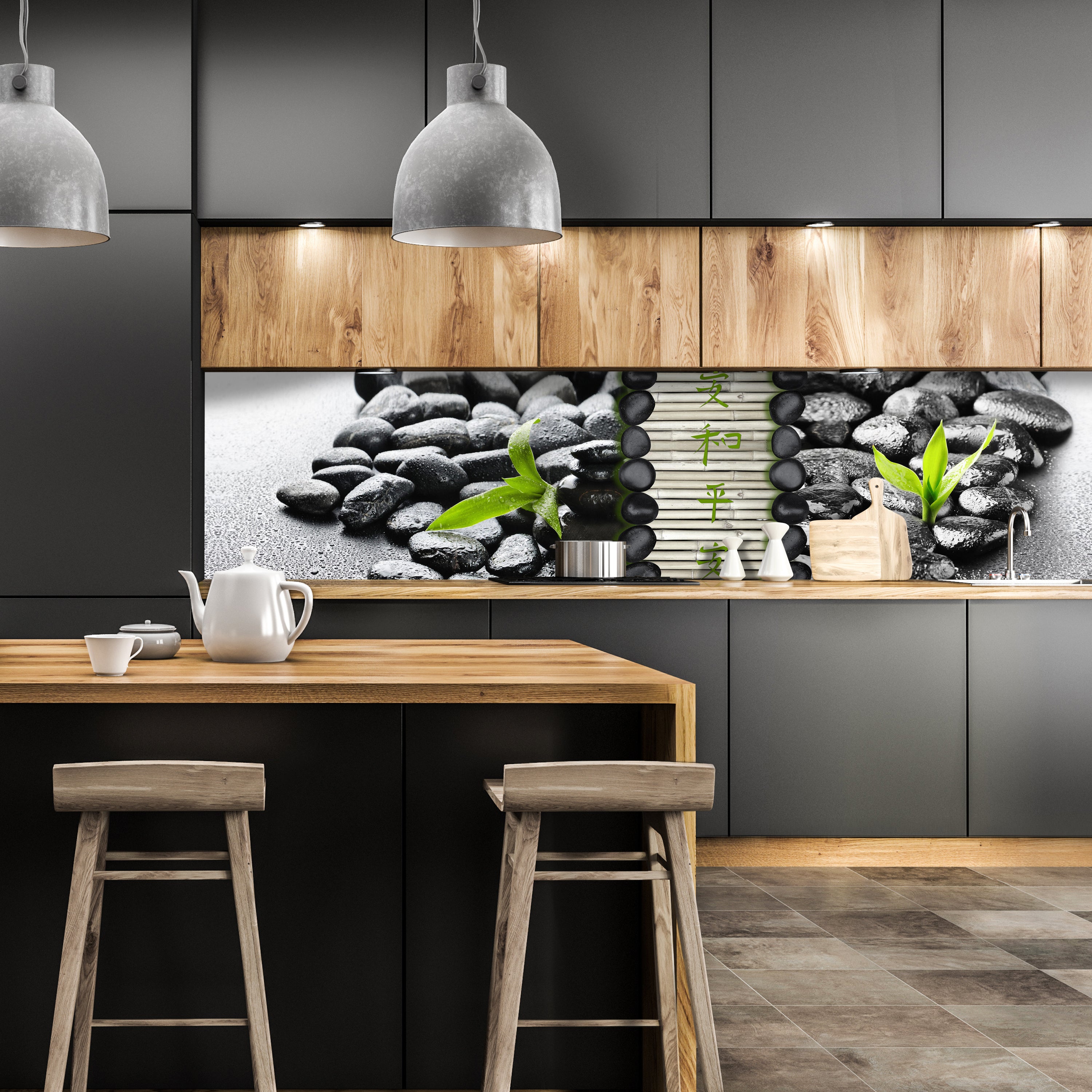 Küchenrückwand Steine schwarz Bambus grün Tropfen Wasse M1111 entdecken - Bild 1