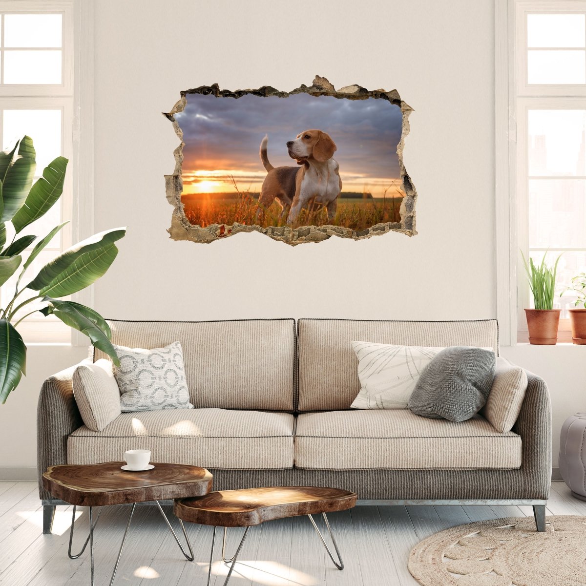Sticker mural 3D Beagle sur champ, coucher de soleil, chien - Wall Decal M1111