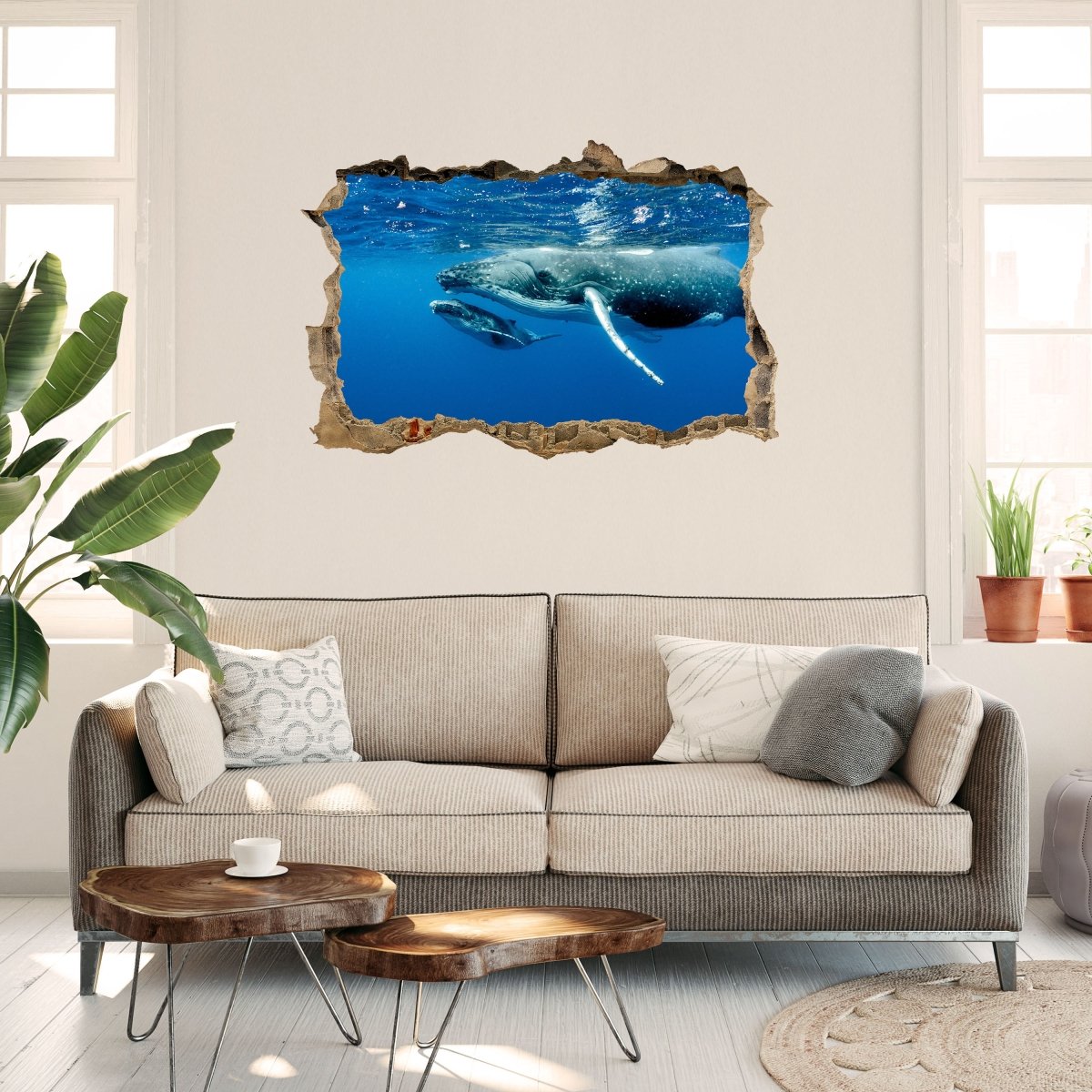 Sticker mural 3D baleine à bosse famille, sous l'eau, mer - Wall Decal M1120