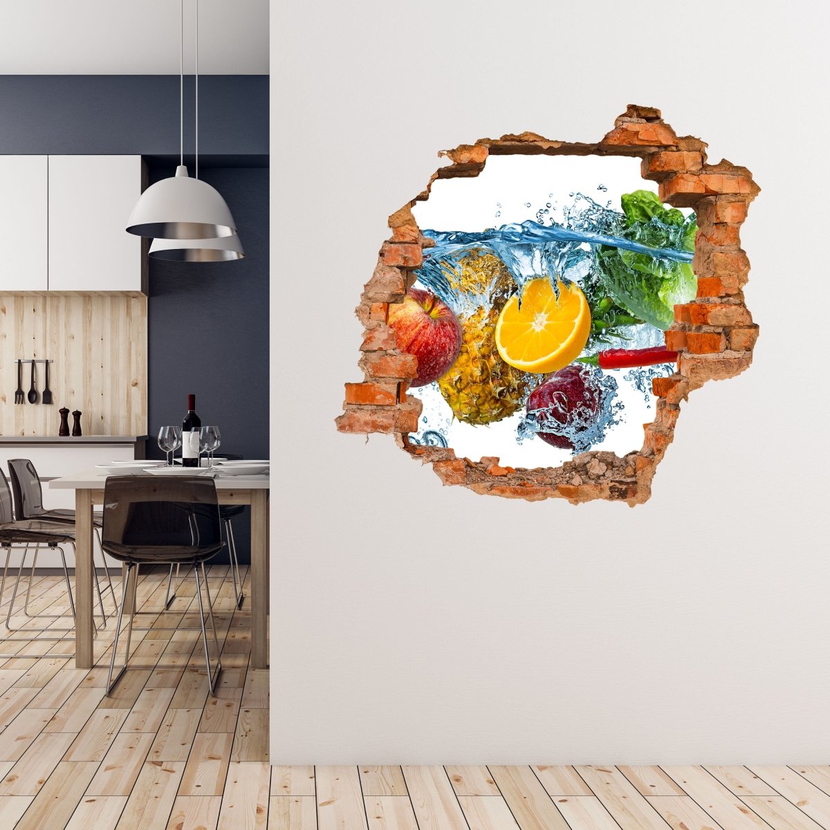 Sticker mural 3D fruits &amp; légumes dans l'eau, ananas, pomme - Wall Decal M1130