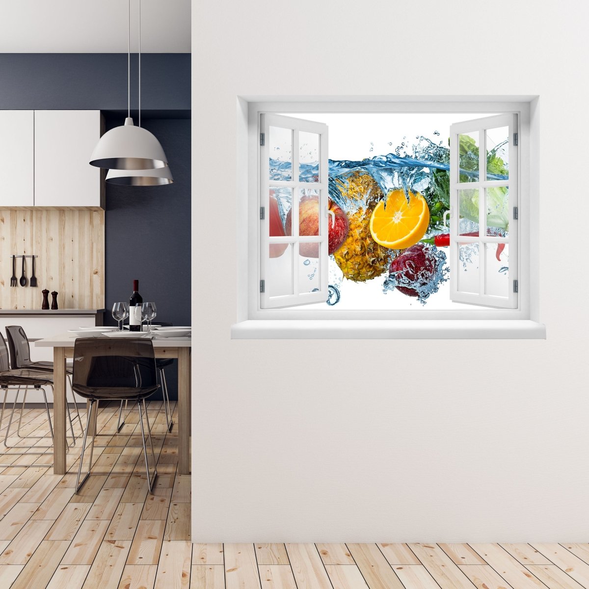 Sticker mural 3D fruits &amp; légumes dans l'eau, ananas, pomme - Wall Decal M1130