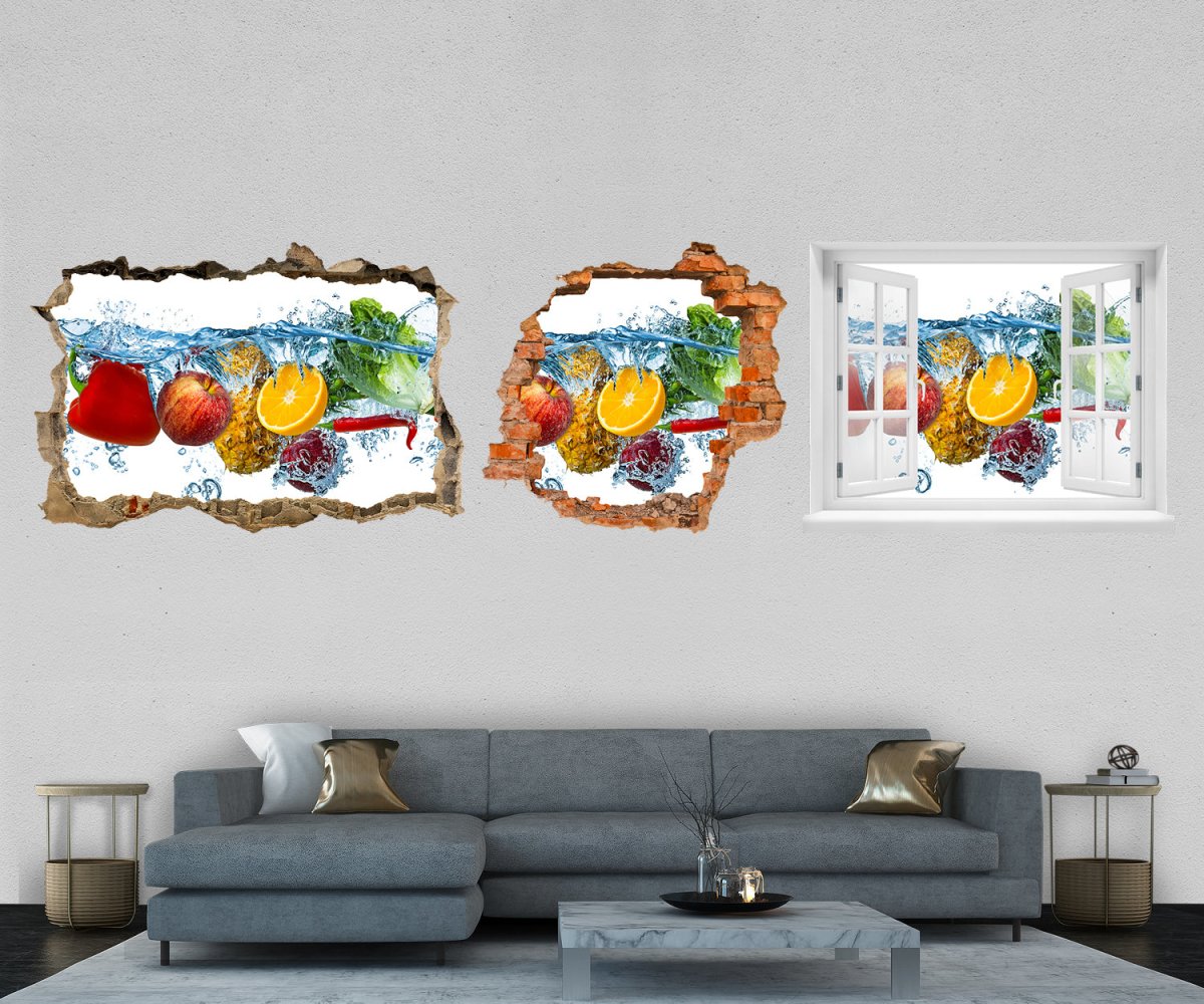 3D-Wandtattoo Obst & Gemüse im Wasser, Ananas, Apfel entdecken - Wandsticker M1130 - Bild 1