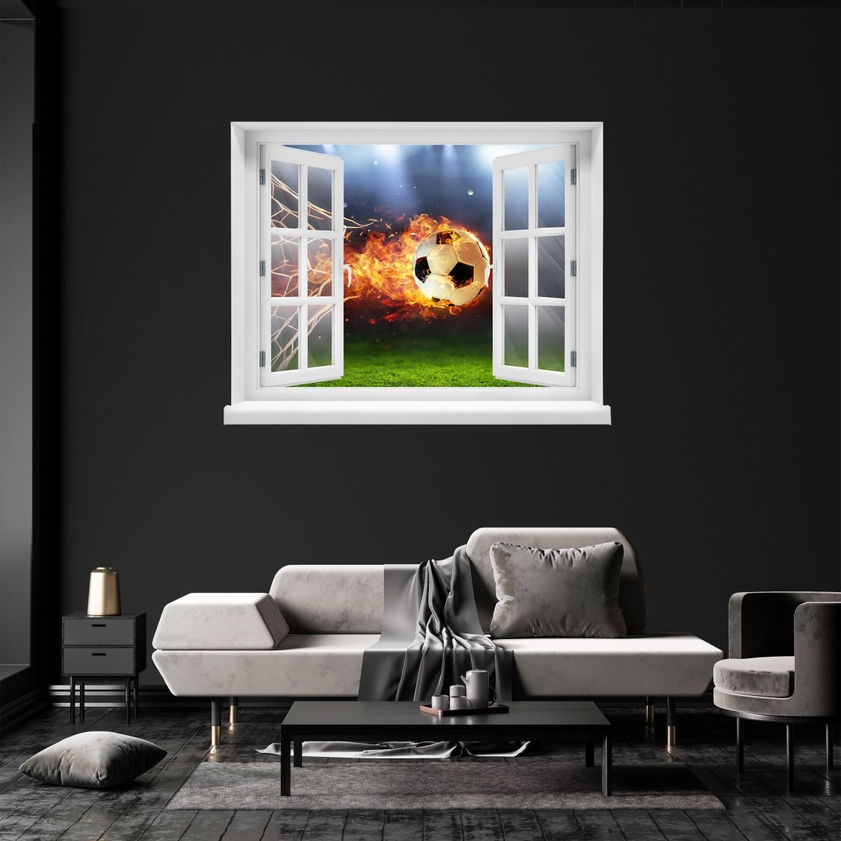 3D wall sticker football through net, fire, flames, goal - wall decal M1134