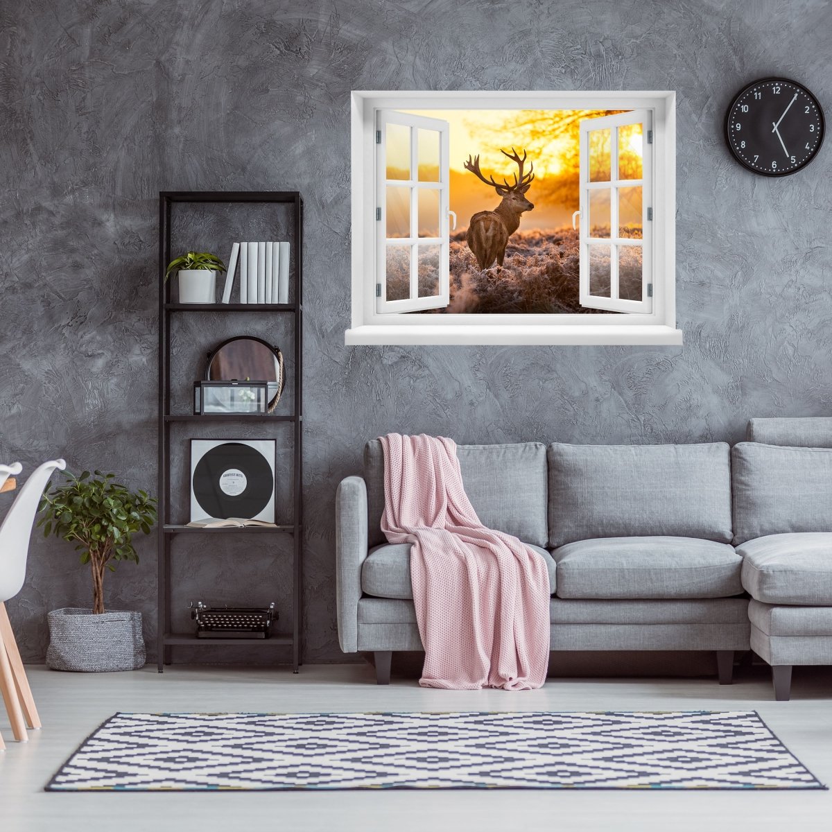 Sticker mural 3D cerf au lever du soleil, rosée, bois - Sticker mural M1142