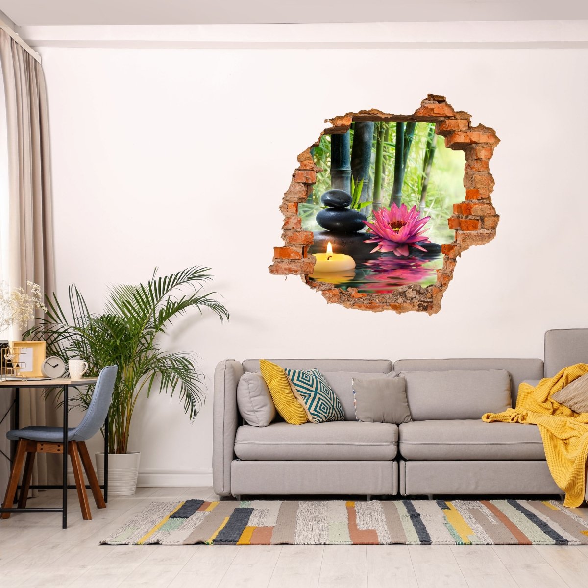 Sticker mural 3D lotus &amp; bambou, relaxation, bien-être - Wall Decal M1148