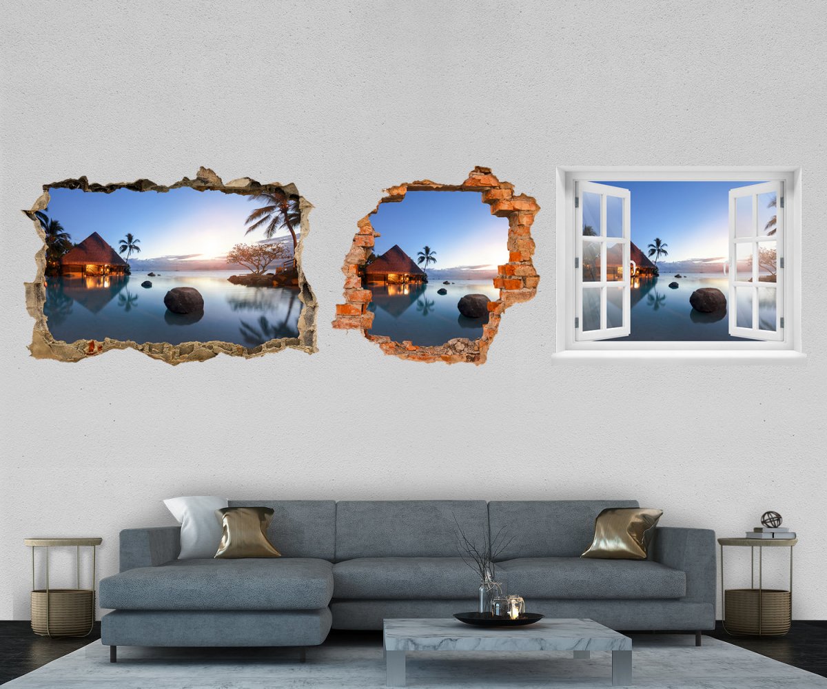 3D-Wandtattoo Insel Paradies, Hütte, Sonnenuntergang entdecken - Wandsticker M1151 - Bild 1
