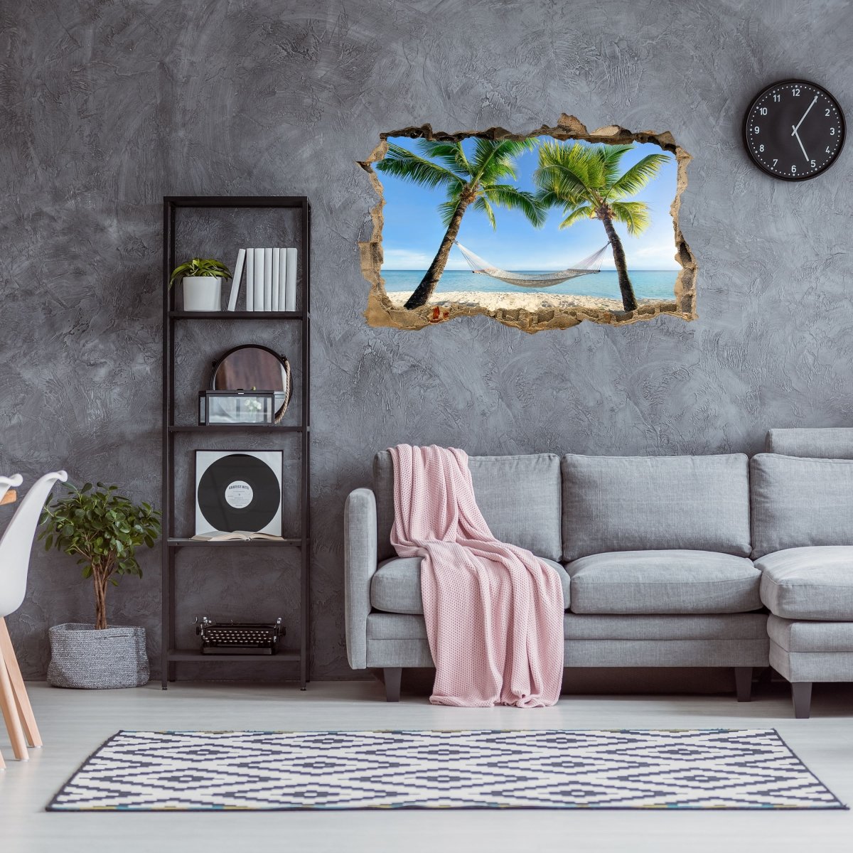 Sticker mural 3D hamac entre palmiers, mer, île - Sticker mural M1153