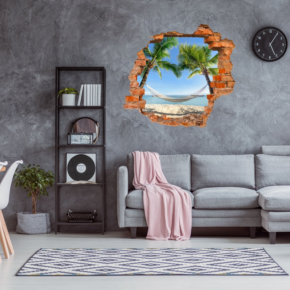 Sticker mural 3D hamac entre palmiers, mer, île - Sticker mural M1153