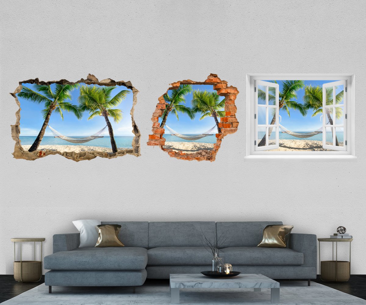 3D-Wandtattoo Hängematte zwischen Palmen, Meer, Insel entdecken - Wandsticker M1153 - Bild 1