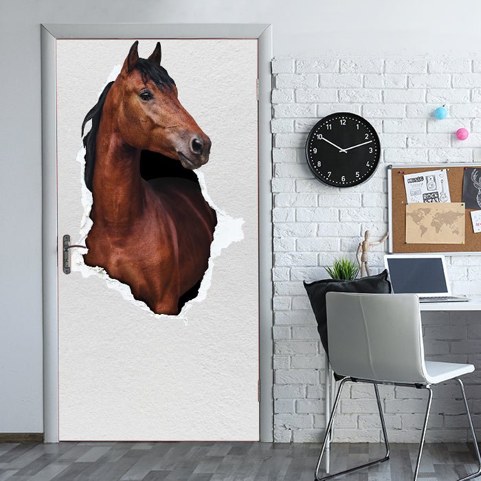 Türtapete braunes Pferd schaut durch Mauer, 3D M1155 - Bild 1