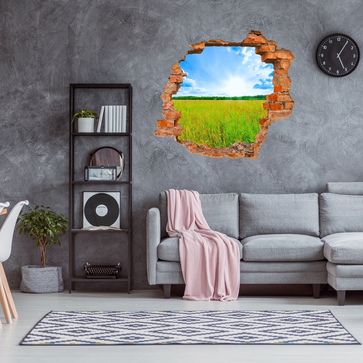 3D wall sticker field in summer, sun, sky, forest - Wall Decal M1157