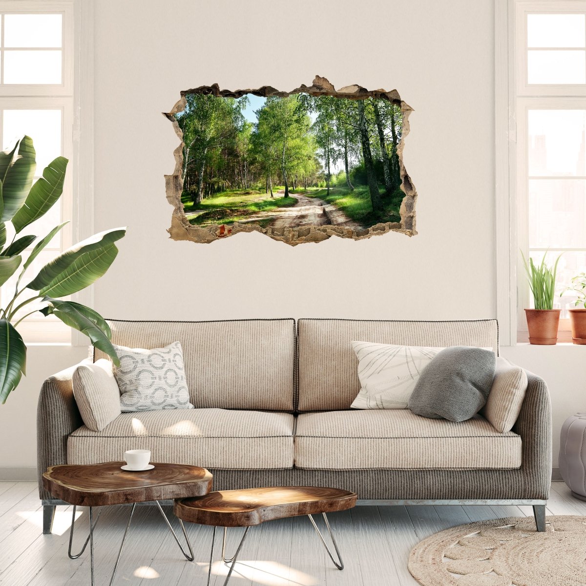 3D wall sticker sunny forest path, trees, birches, forest - Wall Decal M1172