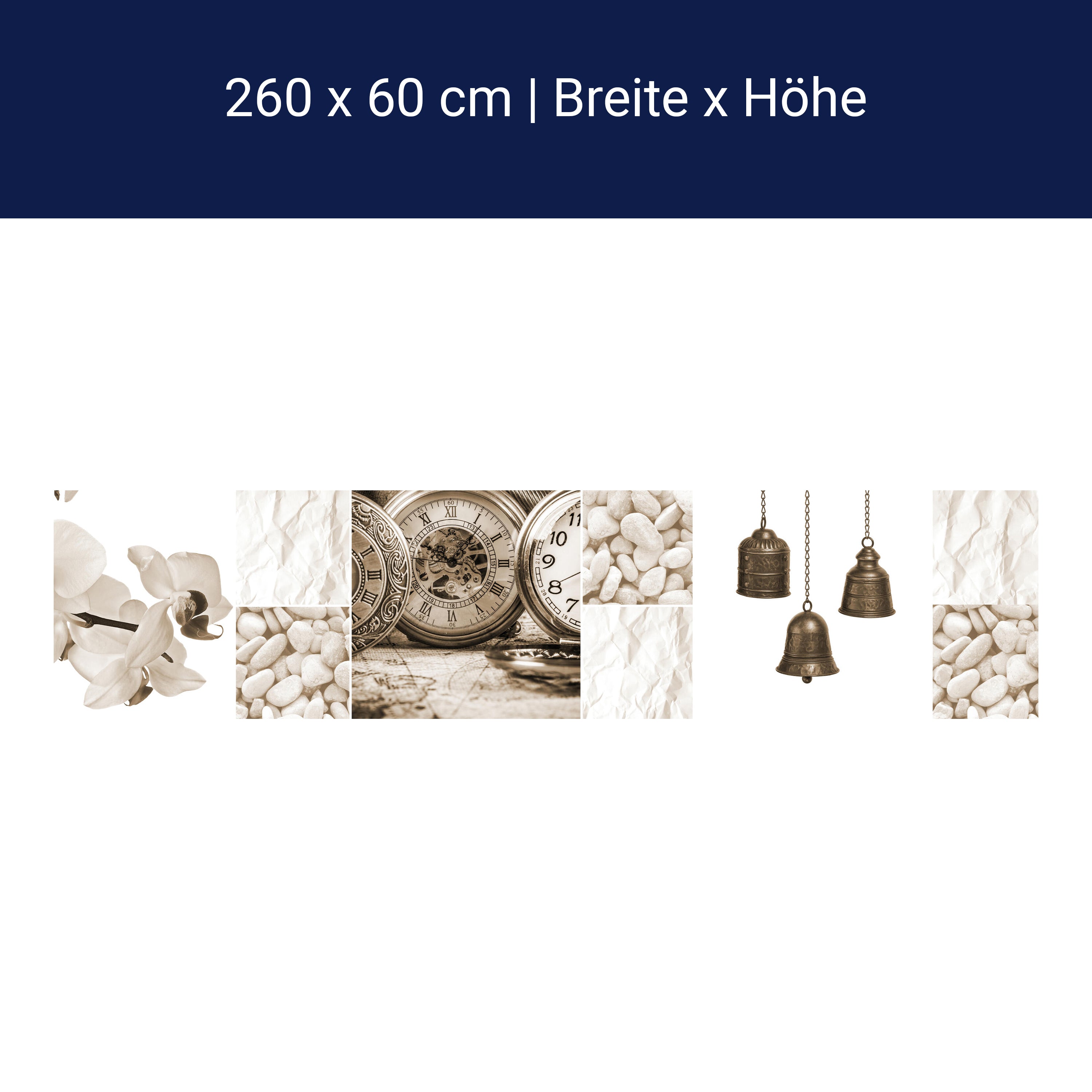 Küchenrückwand Uhren Glocken Steine Blüte Sepia Blumen M1175