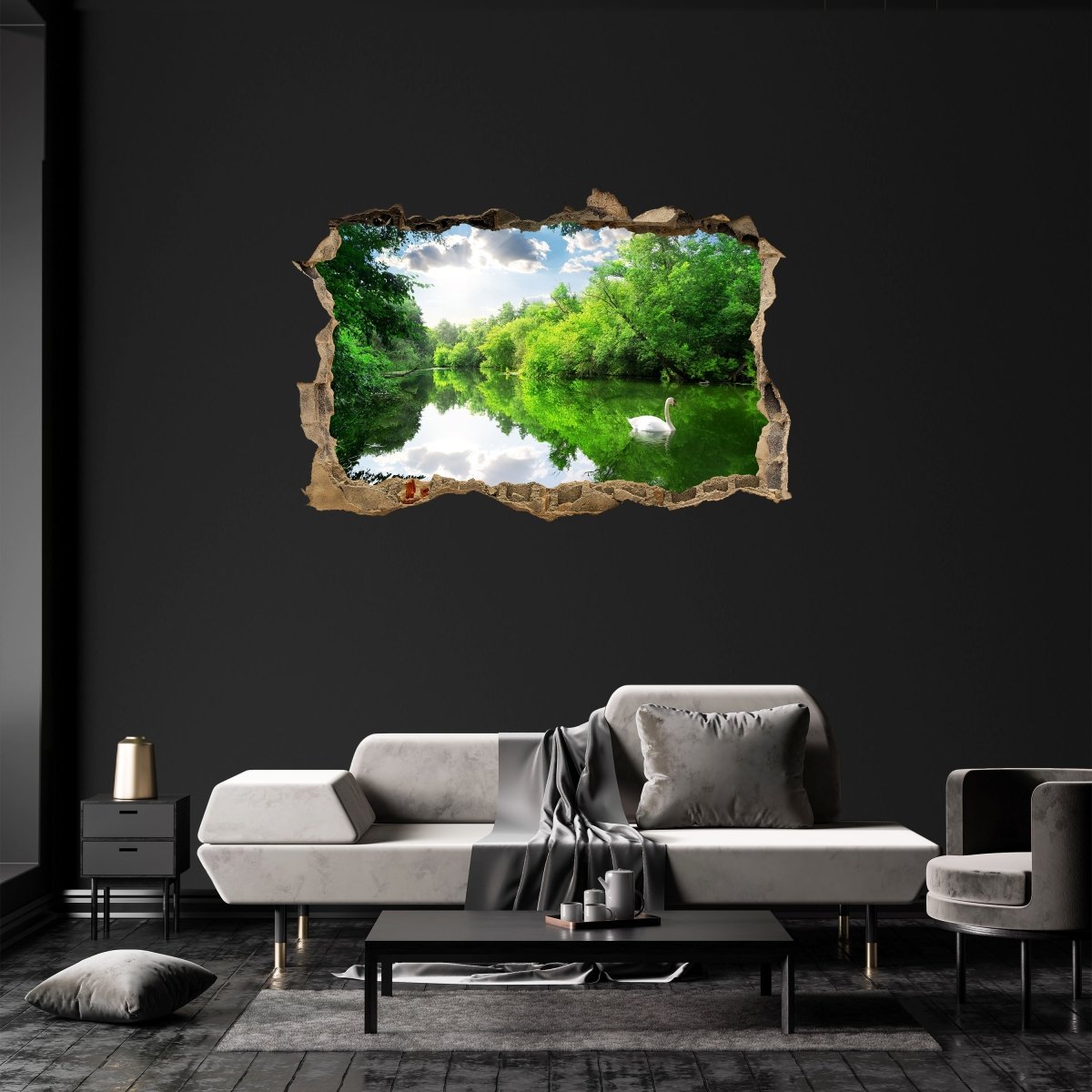 3D wall sticker swan on river, forest, sun, summer - Wall Decal M1184