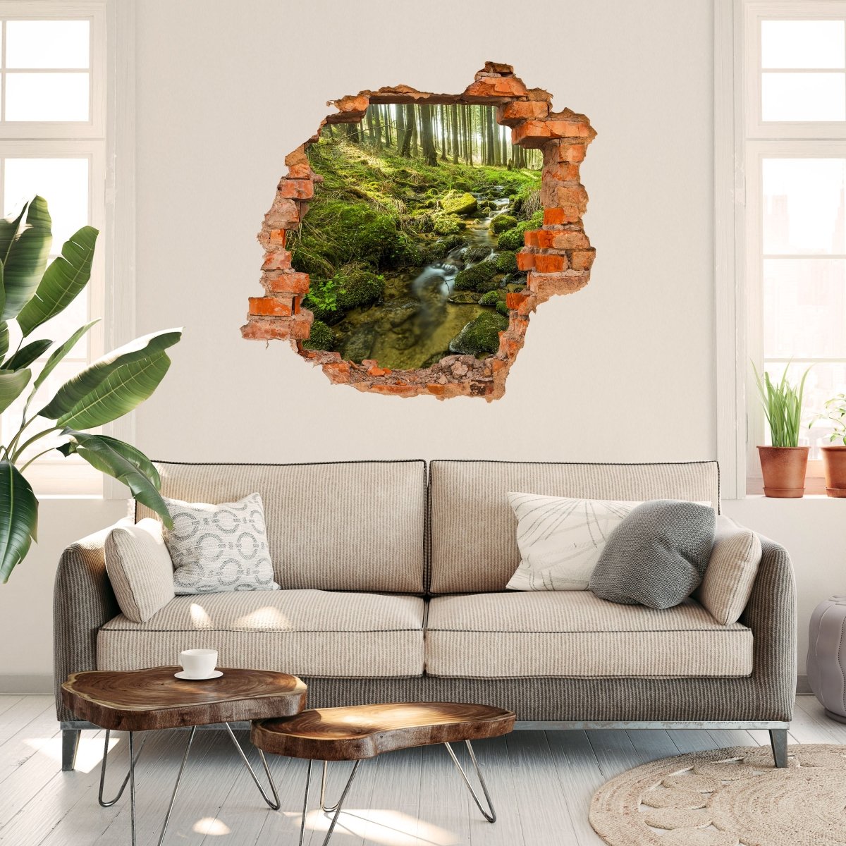 Sticker mural 3D ruisseau dans la forêt, mousse, arbres, eau, arbre - Sticker mural M1185