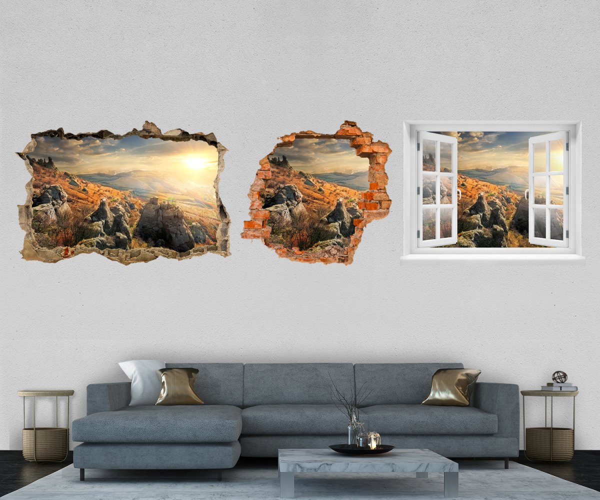3D-Wandtattoo Ausblick Landschaft, Felsen, Sonne entdecken - Wandsticker M1186 - Bild 1