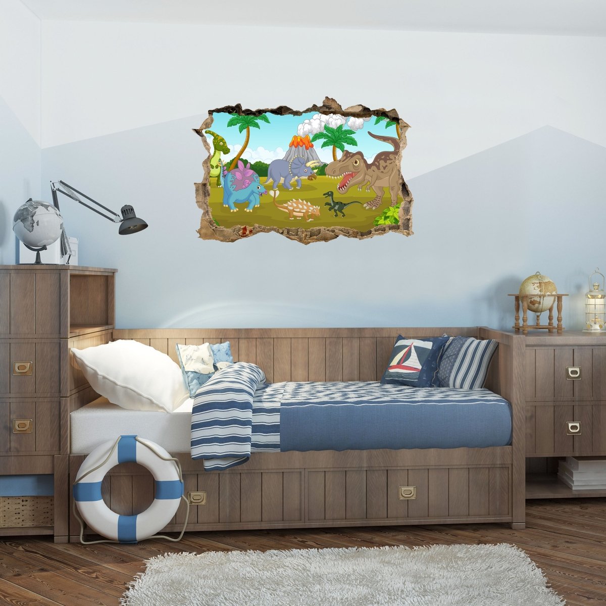Sticker mural 3D bande dessinée dinosaure, dinos, volcan, enfants - Wall Decal M1189