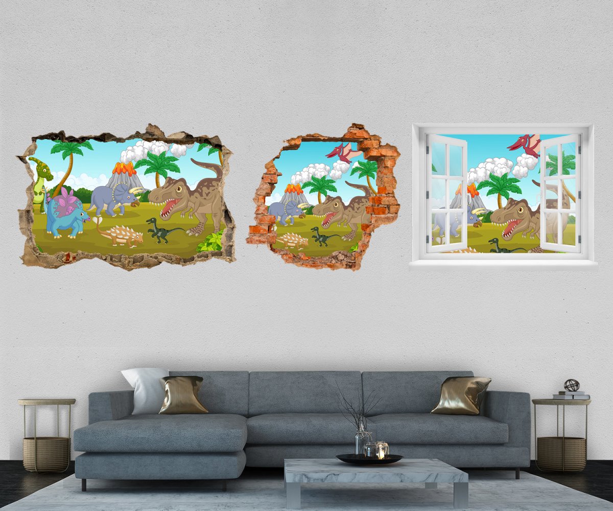 3D-Wandtattoo Dinosaurier Comic, Dinos, Vulkan, Kinder entdecken - Wandsticker M1189 - Bild 1