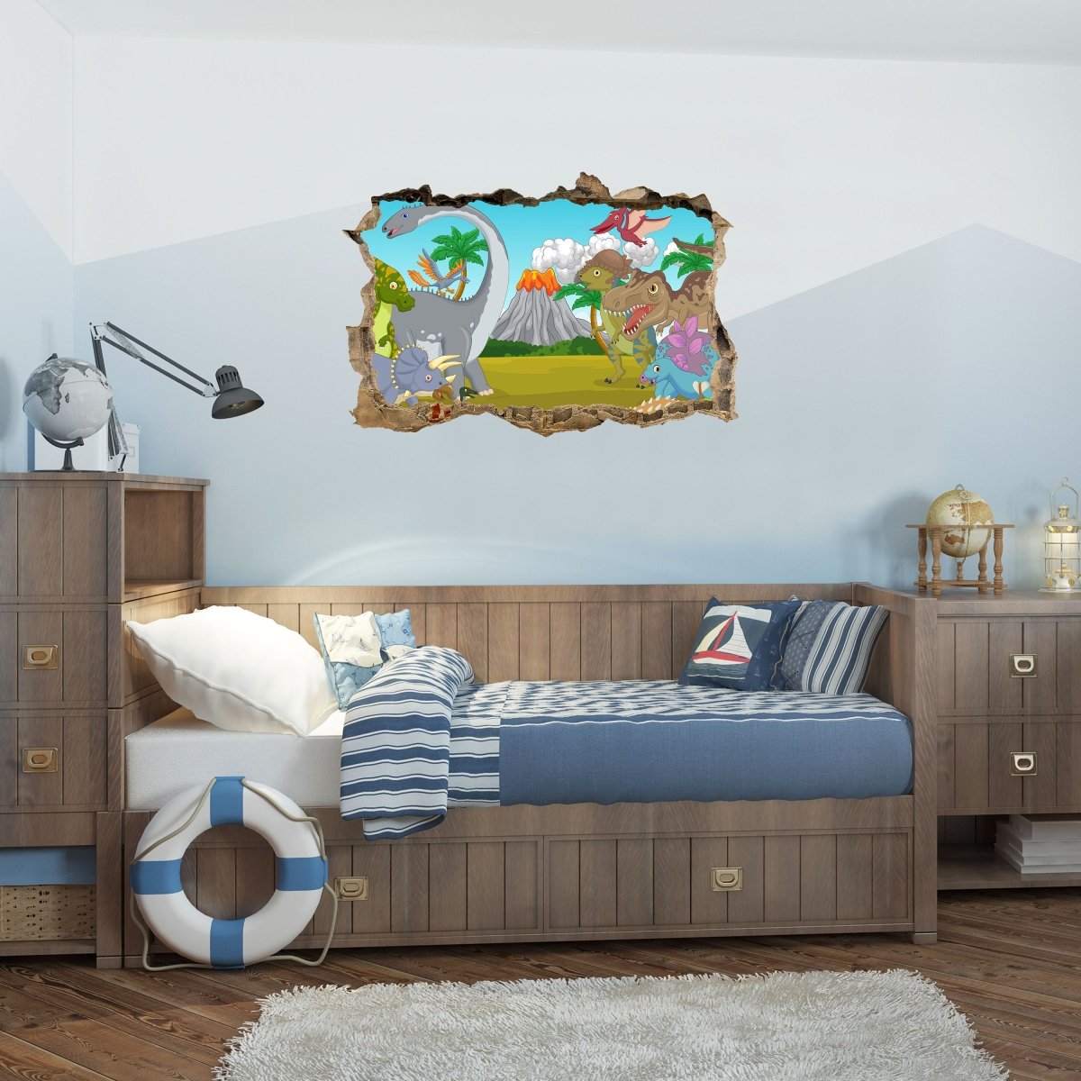 Sticker mural 3D dinosaures, volcan, bande dessinée, âge de pierre, enfants - Wall Decal M1190
