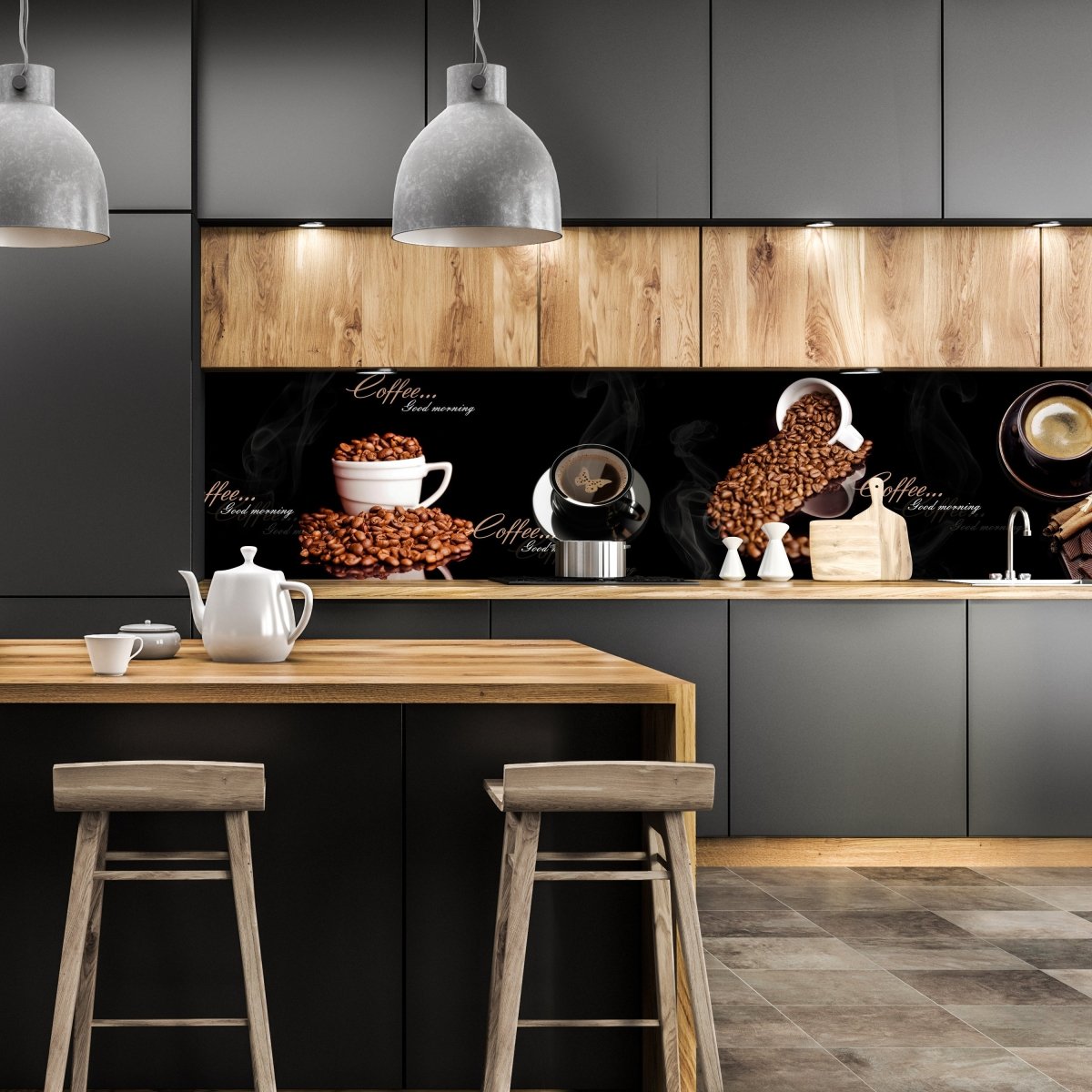 Küchenrückwand Kaffee Kaffeebohnen Tassen Schwarz M1192 entdecken - Bild 1