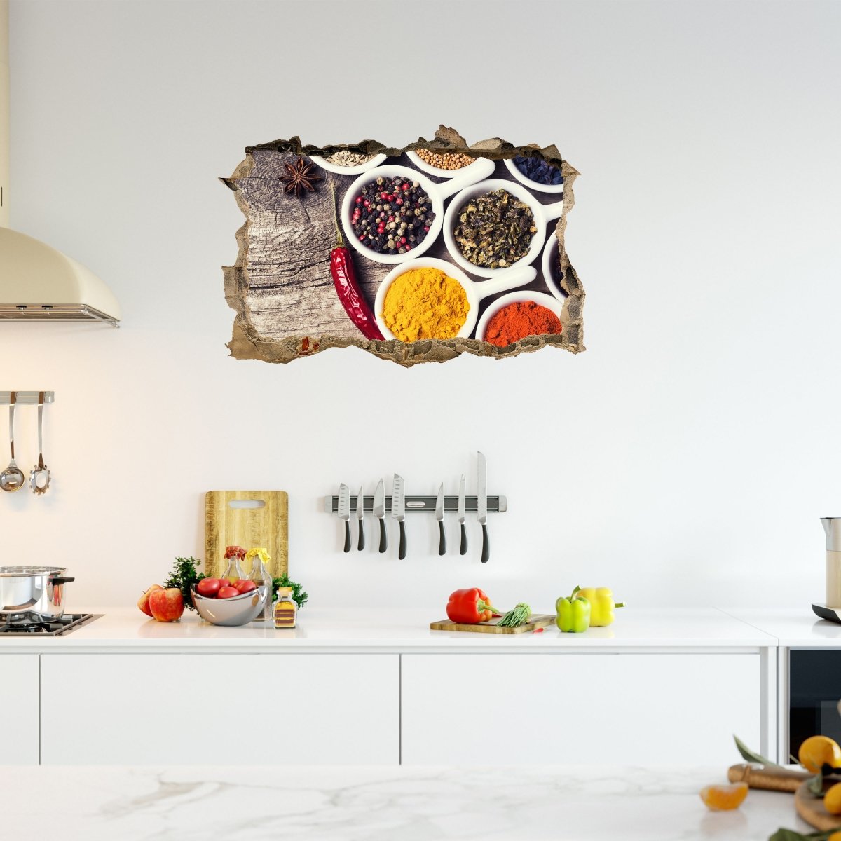 Sticker mural 3D table en bois, épices, poivre, piment, anis - Sticker mural M1200