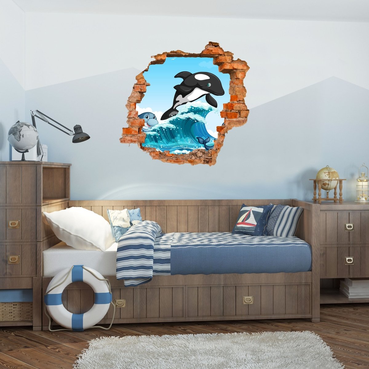 Sticker mural 3D dauphins &amp; baleine dans la mer, vague, enfants - Wall Decal M1201