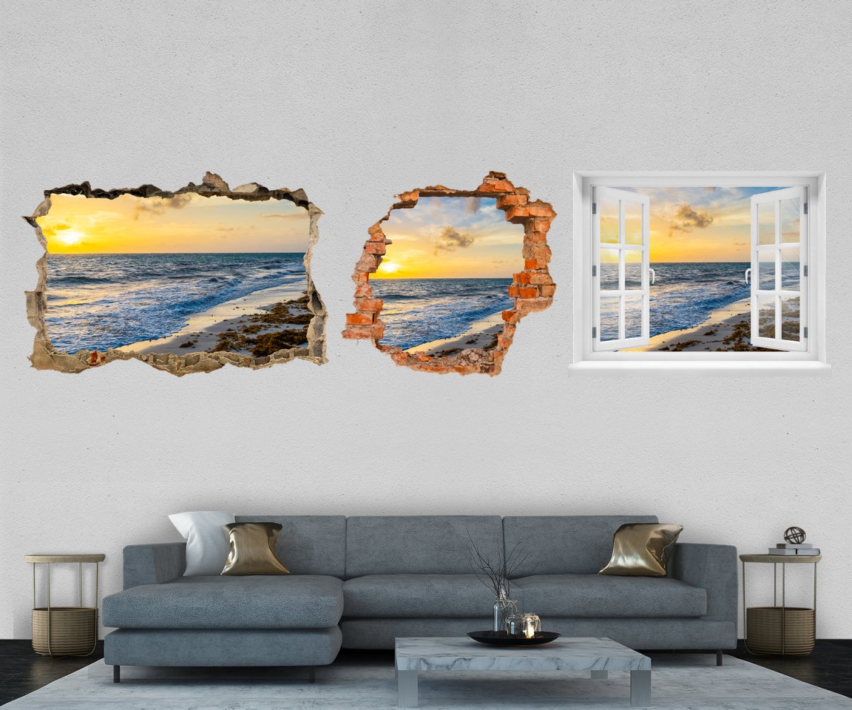 3D-Wandtattoo Strand im Sonnenuntergang, Meer, Sonne entdecken - Wandsticker M1203 - Bild 1