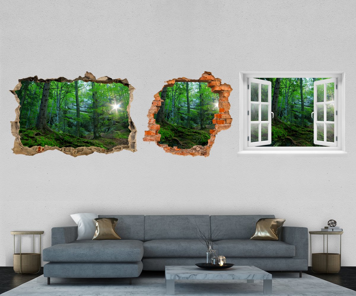 3D-Wandtattoo großer Felsen im Wald, Sonne, Bäume entdecken - Wandsticker M1209 - Bild 1