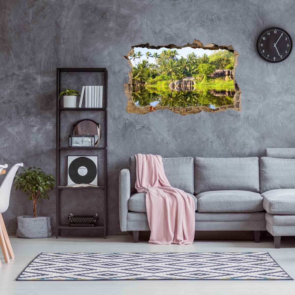 Sticker mural 3D palmiers au bord de l'eau, paradis, rochers - Wall Decal M1214