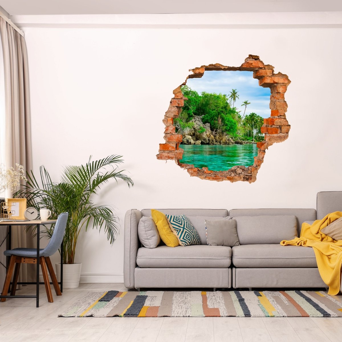 3D wall sticker lonely island, palm trees, rocks, sea - wall decal M1222