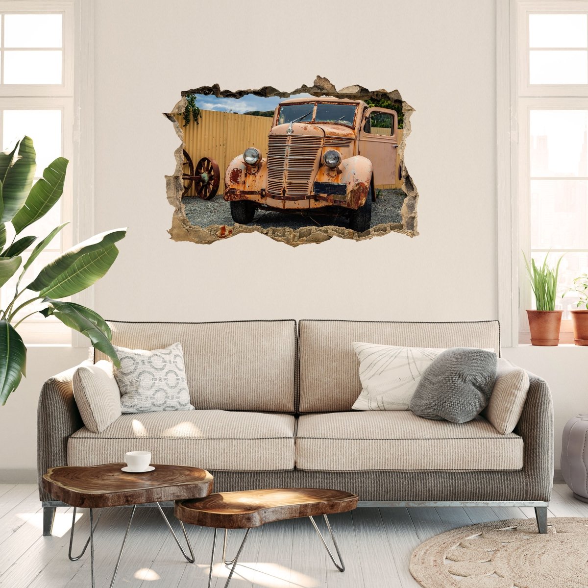 Sticker mural 3D transporteur vintage, rouille, voiture, wagon - Wall Decal M1223