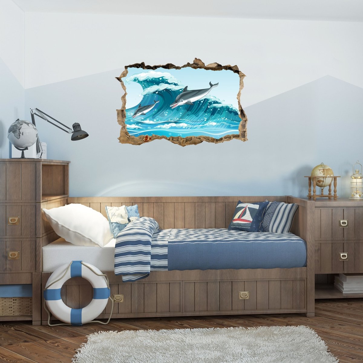 Sticker mural 3D dauphins dans la mer, vague, eau, enfants - Wall Decal M1225